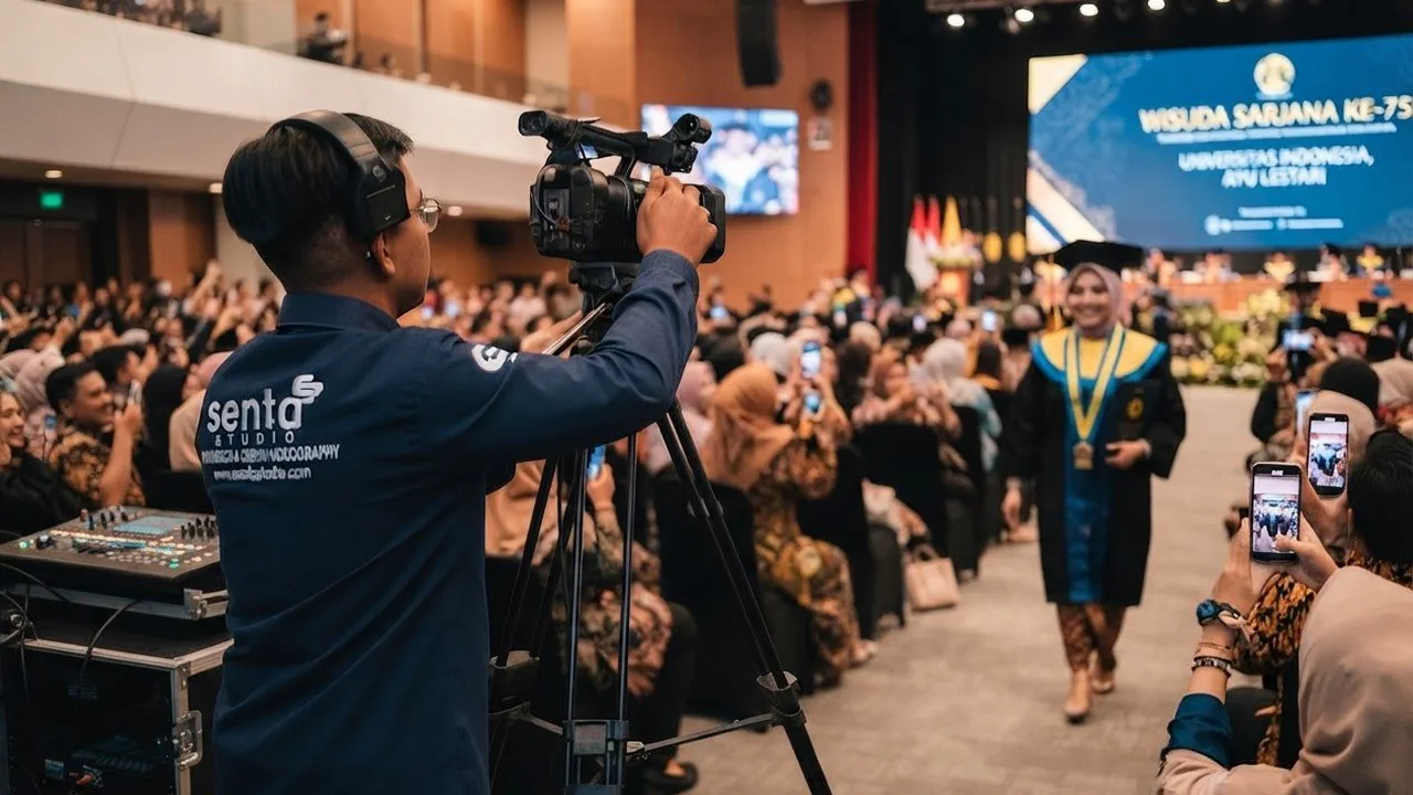 Live streaming acara wisuda di auditorium dengan kamera profesional