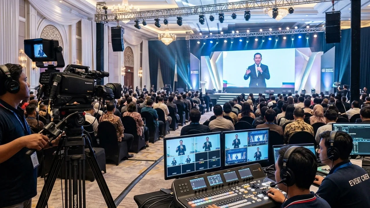Operator live cam mengendalikan video switcher untuk relay visual panggung ke layar LED videotron ballroom di Surabaya