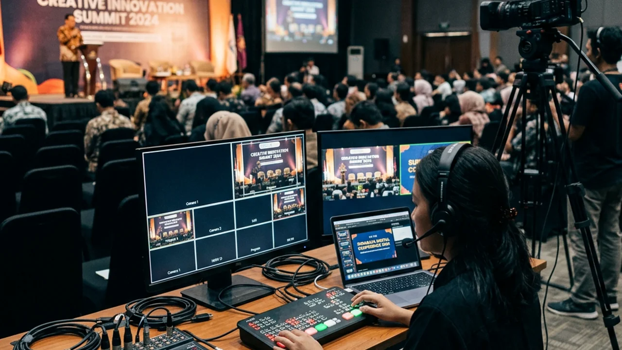 Setup perangkat switcher dan multi kamera untuk live streaming seminar di Surabaya