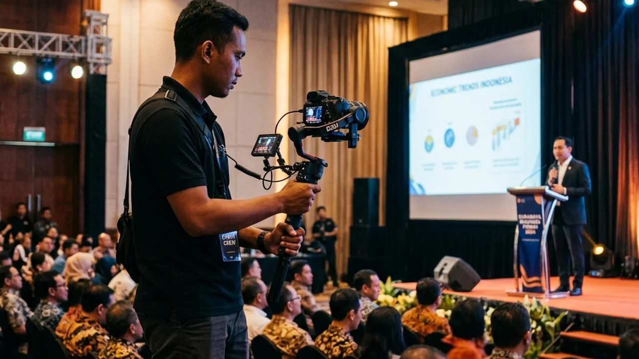 Videografer profesional menggunakan gimbal stabilizer merekam acara bisnis di ballroom hotel Surabaya