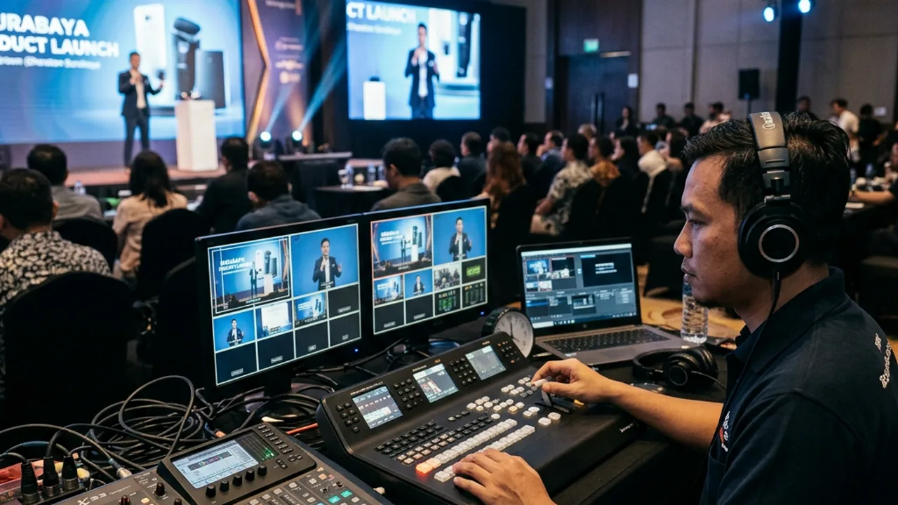 Operator broadcast mengoperasikan switcher video multi-kamera pada live streaming peluncuran produk di ballroom hotel Surabaya
