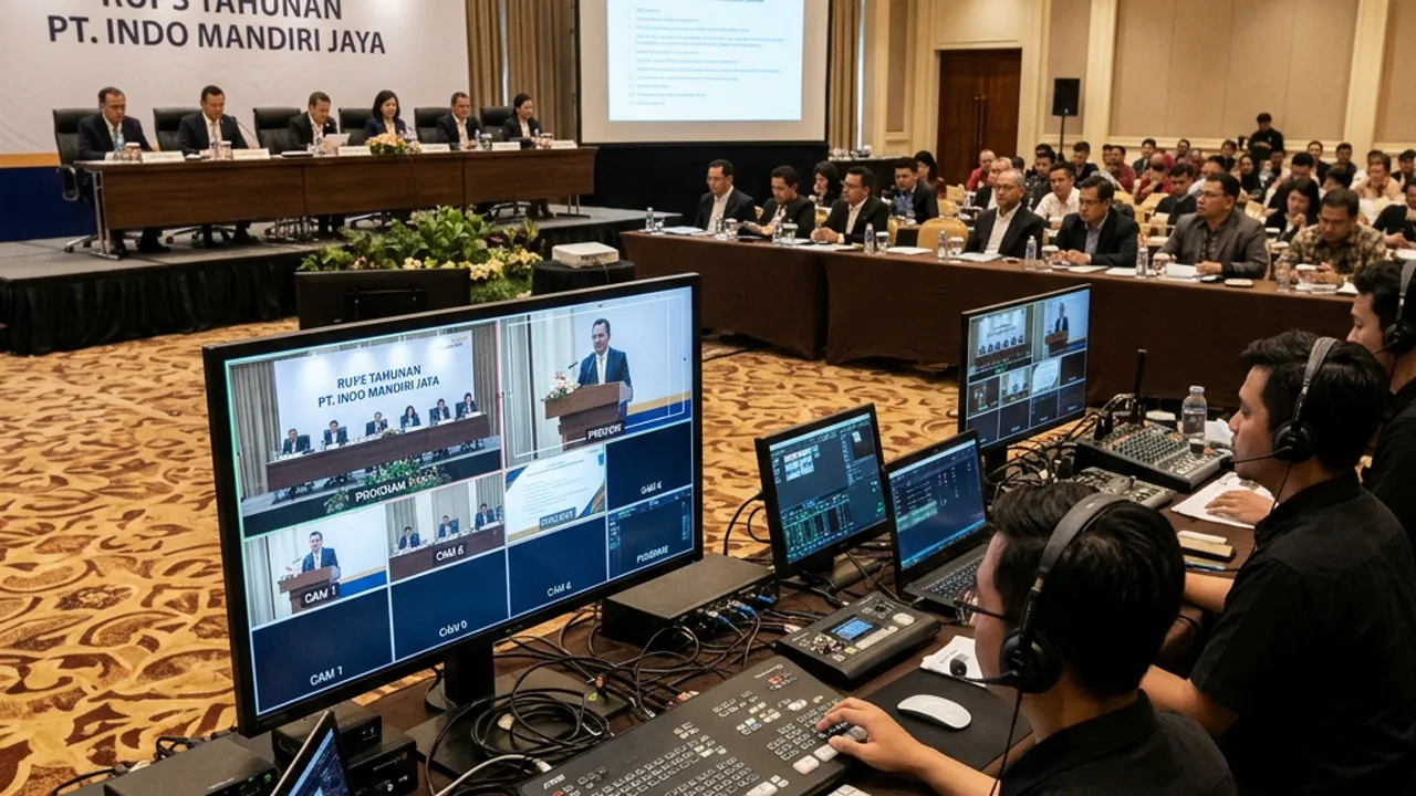 Tim operator broadcast profesional memantau switcher live streaming RUPS korporat di ballroom hotel Surabaya