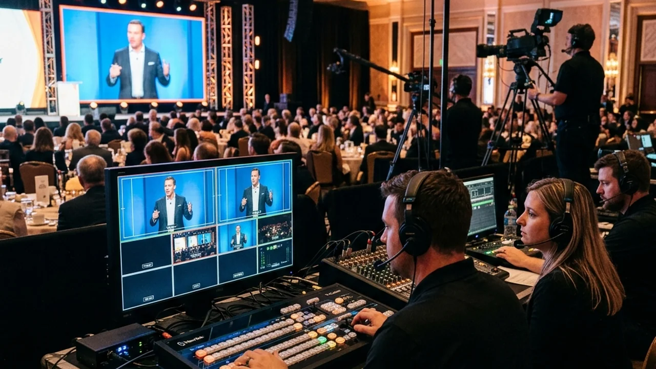 Tim operator multimedia mengoperasikan switcher live cam dan memantau siaran panggung ke layar LED videotron acara di Surabaya