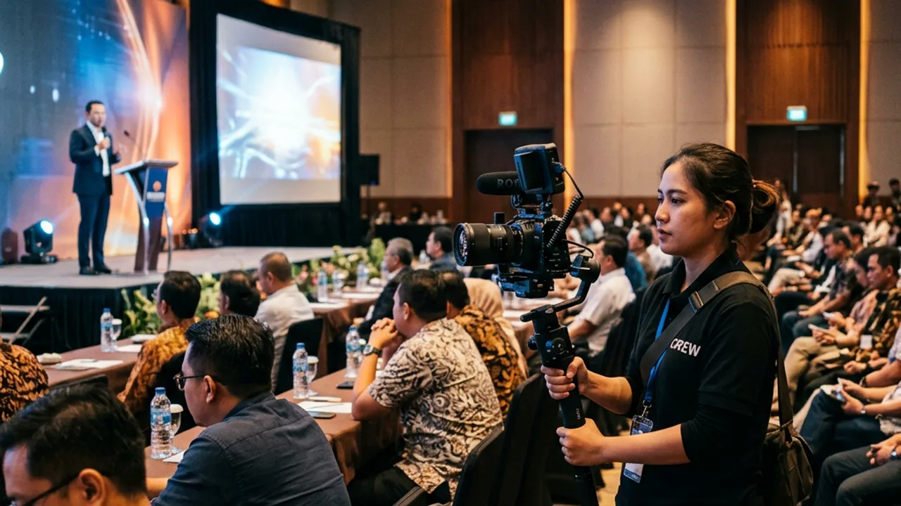 Videografer profesional merekam video dokumentasi acara indoor di ballroom hotel Surabaya menggunakan stabilizer gimbal kamera