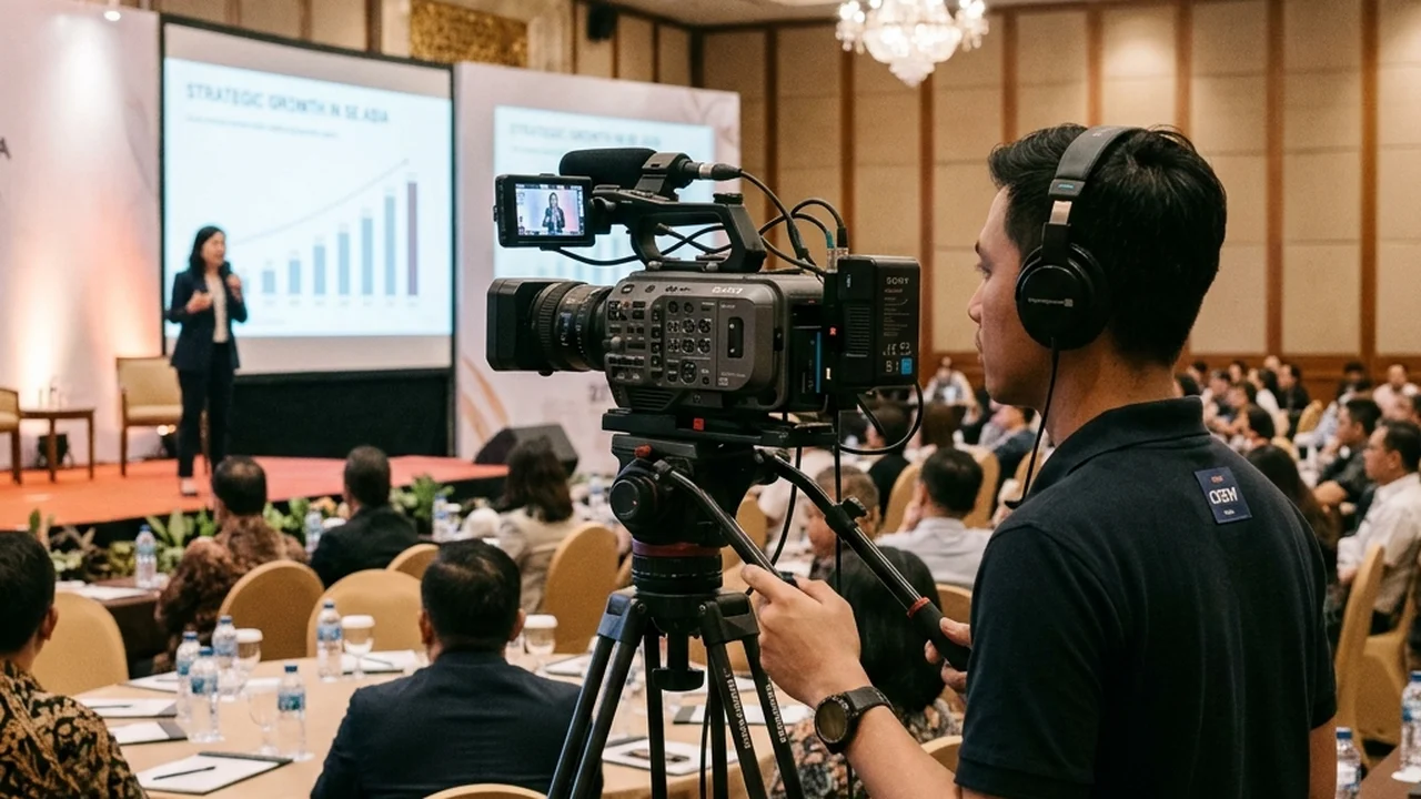 Kameramen profesional merekam jalannya seminar korporat di ballroom hotel Surabaya menggunakan kamera video tripod