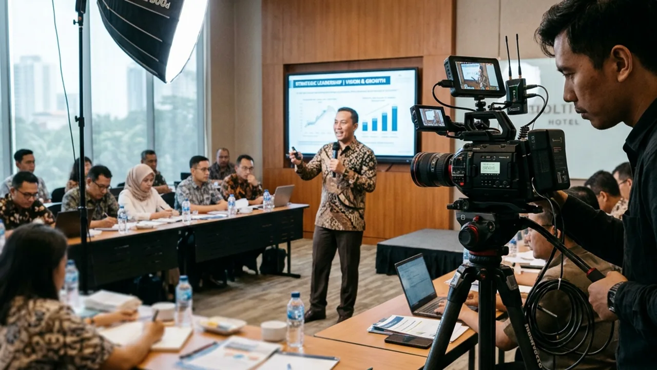 Videografer profesional mengoperasikan kamera untuk mendokumentasikan workshop pelatihan karyawan di ruang pertemuan hotel Surabaya